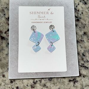 Handmade Polymer Clay Dangle Earrings‎ Pastel Pink Blue Silver